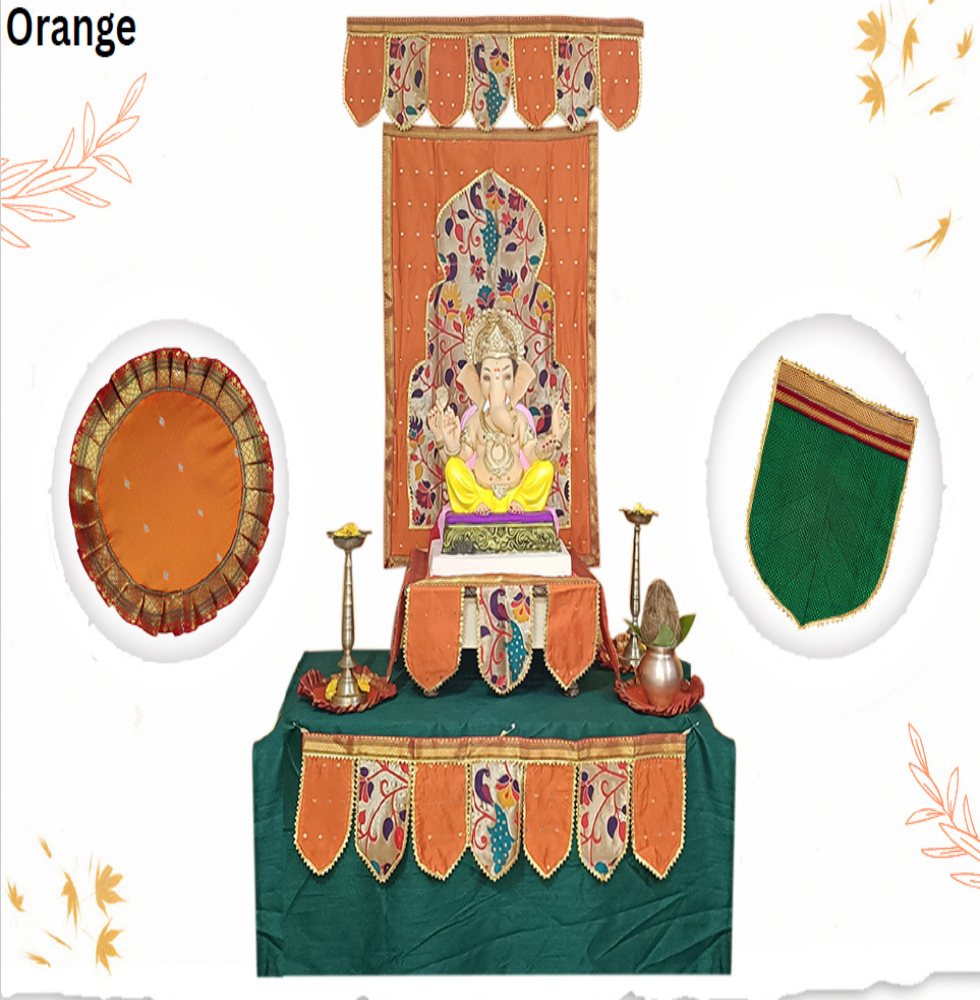 Ganpati Backdrop 6 Piece Combo - Paithani Design - Orange