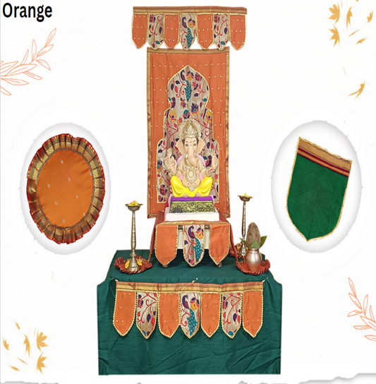 Ganpati Backdrop 6 Piece Combo - Paithani Design - Orange